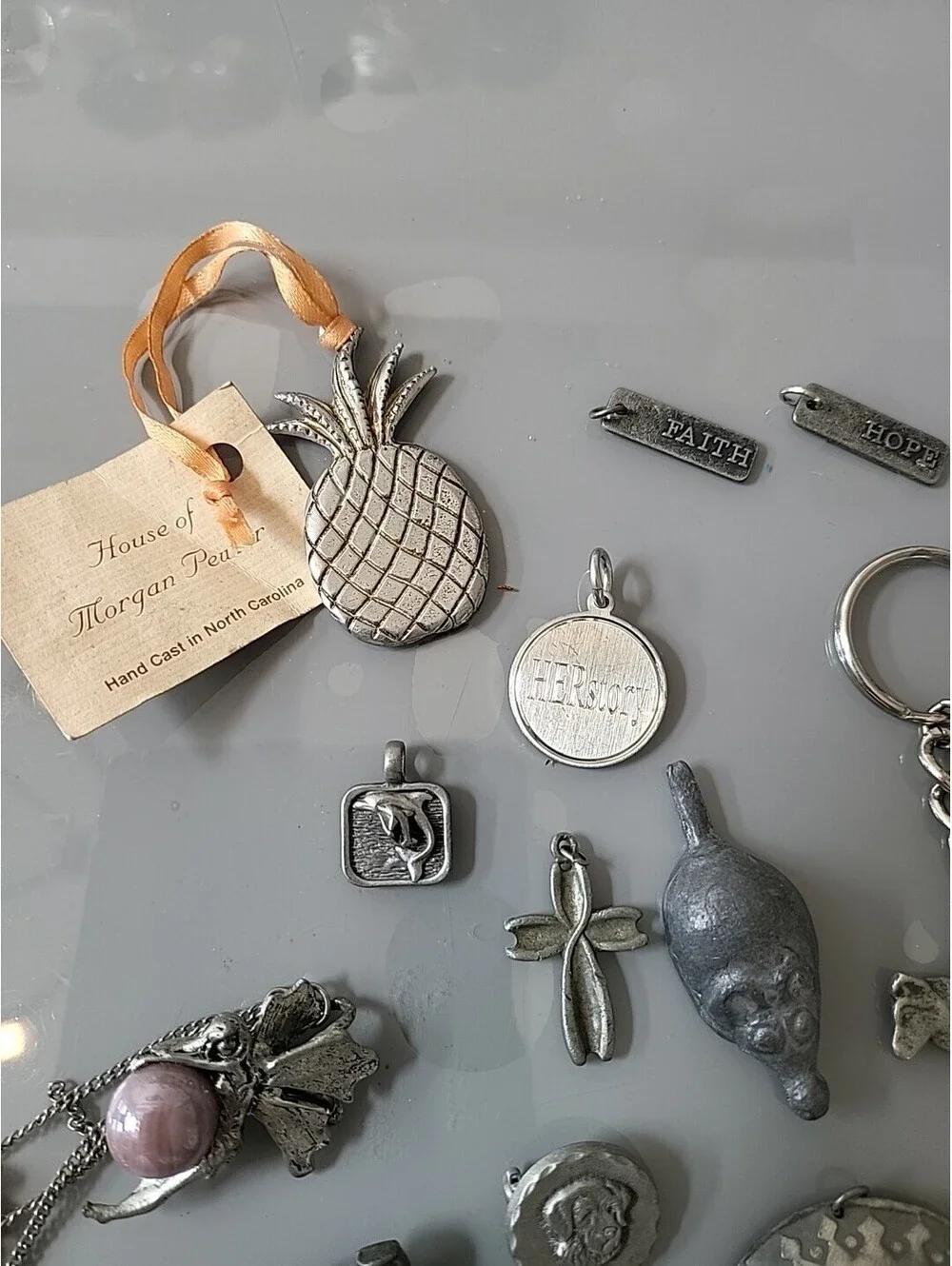 Vintage Signed Pewter Pcs Lot Of Charms Keychain Pin Chain See Up Close Pics